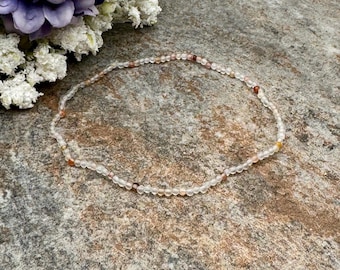 2mm Hematoid “Fire” Quartz Crystal Bead Bracelet, 7.5“, Sizable Unisex Jewelry