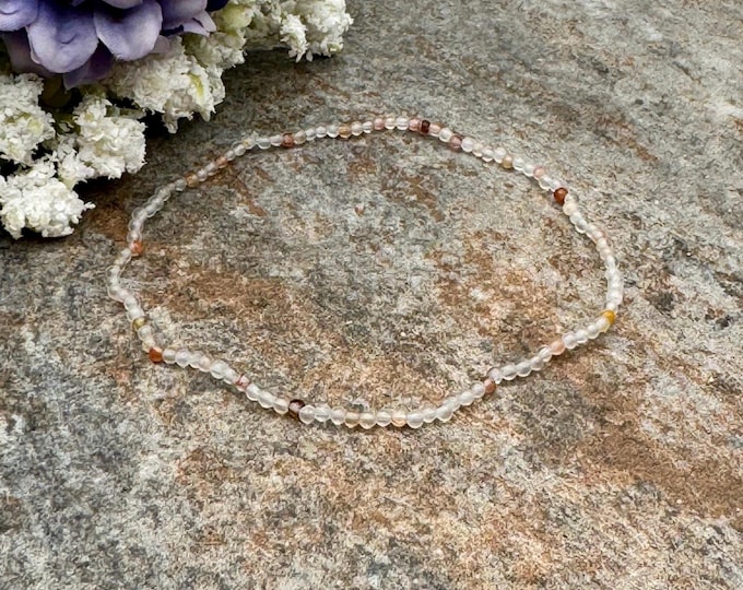 2mm Hematoid “Fire” Quartz Crystal Bead Bracelet, 7.5“, Sizable Unisex Jewelry