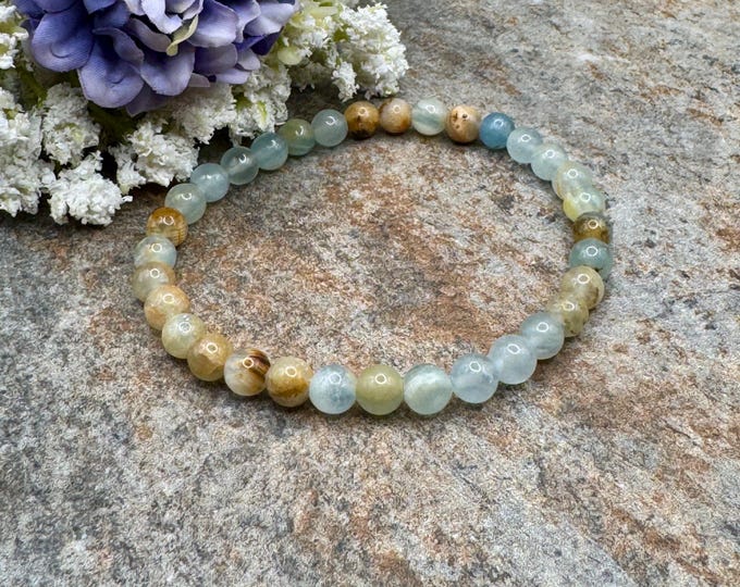 6mm Lemurian Aquatine Calcite Crystal Bead Bracelet, Unisex 7.5”
