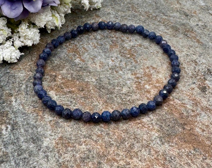 4mm Sapphire Bead Stretch Bracelet, Blue Faceted Gemstone Jewelry 7.5”