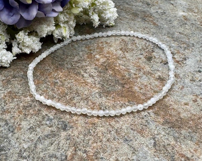 2mm Moonstone Crystal Bead Bracelet, White  Faceted Gemstone, 7.5"