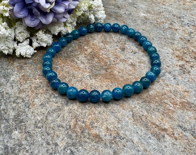 6mm Teal Blue Apatite Crystal Bracelet - Gemstone Stretch Jewelry, 7.5"