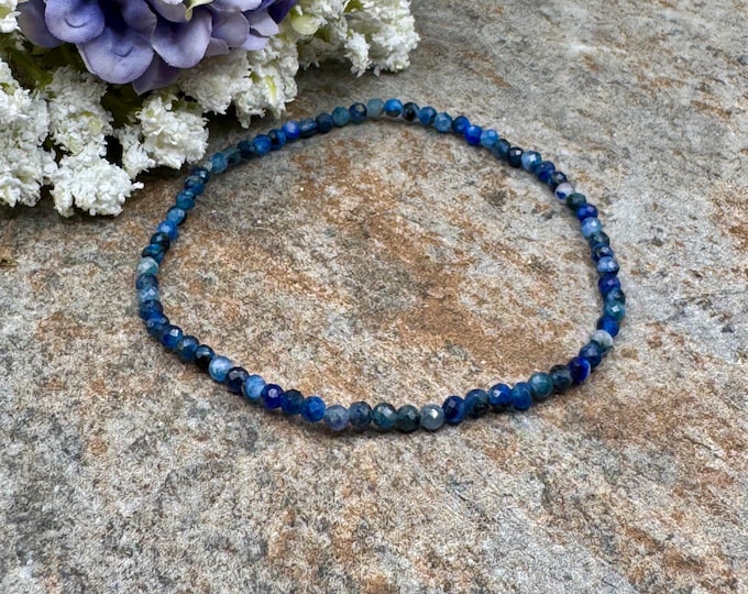 3mm Blue Kyanite Faceted Crystal Stretch Bracelet 7.5”, Unisex Blue Gemstone Jewelry