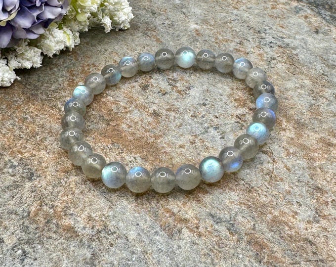 7mm Labradorite Crystal Bead Bracelet – Unisex Stretch Jewelry , 7.5"