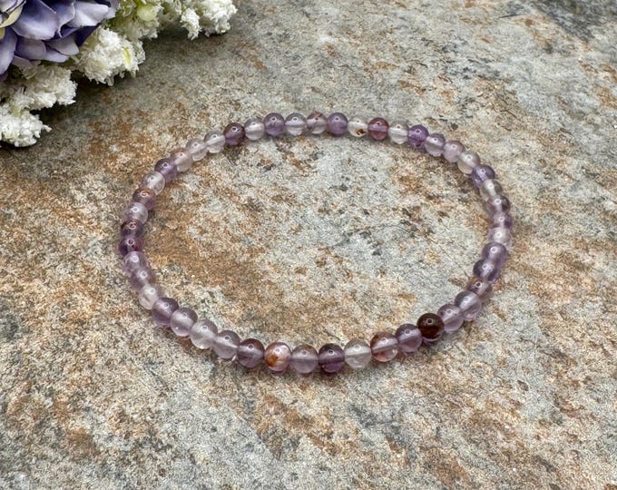 4mm Amethyst Cacoxenite Crystal Bead Bracelet 7.5” – Unisex Handmade Stretch Jewelry