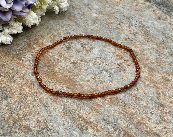 2mm Hessonite Garnet Crystal Bead Stretch Bracelet, 7.5”, Handmade  Gemstone Jewelry