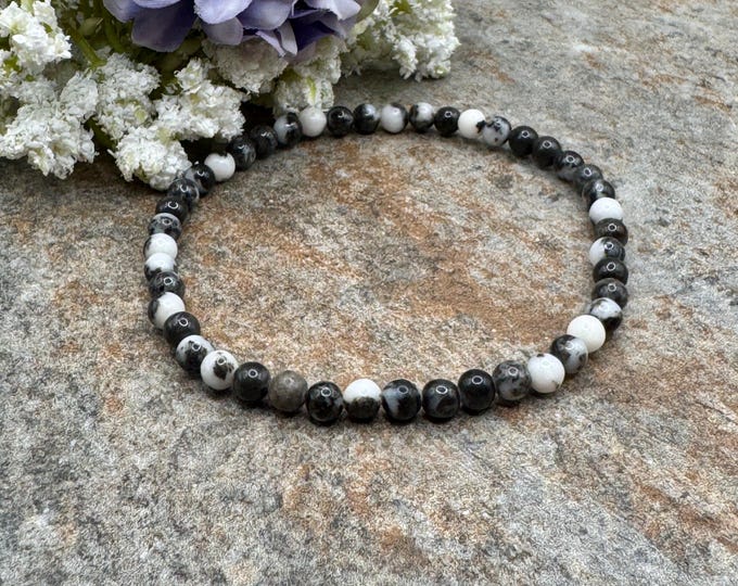 4mm Zebra Jasper Bead Bracelet, Gemstone Stretch Bracelet