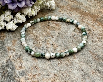 4mm Tree Agate Crystal Bead Stretch Bracelet, 7.5” White Gemstone Jewelry