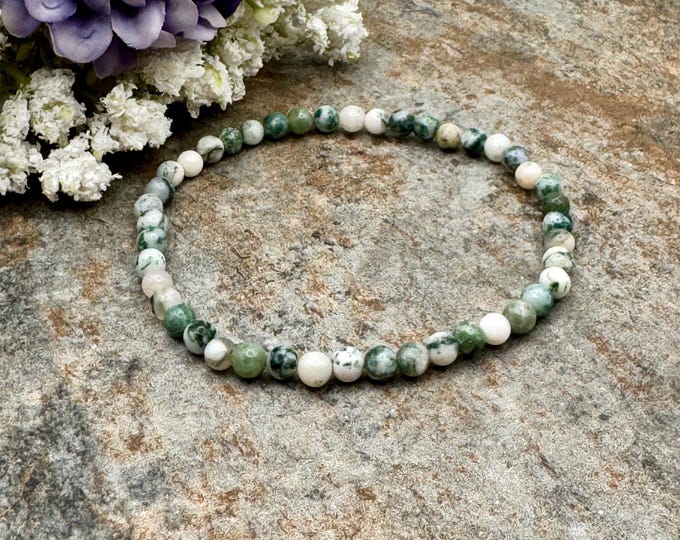 4mm Tree Agate Crystal Bead Stretch Bracelet, White and Green Gemstone Jewelry (7.5")