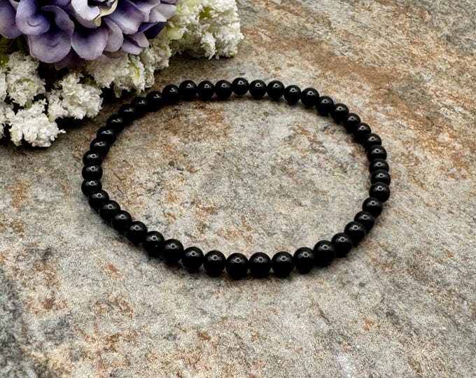 4mm Black Tourmaline Crystal Bead Stretch Bracelet, 7.5", Sizable Unisex Jewelry