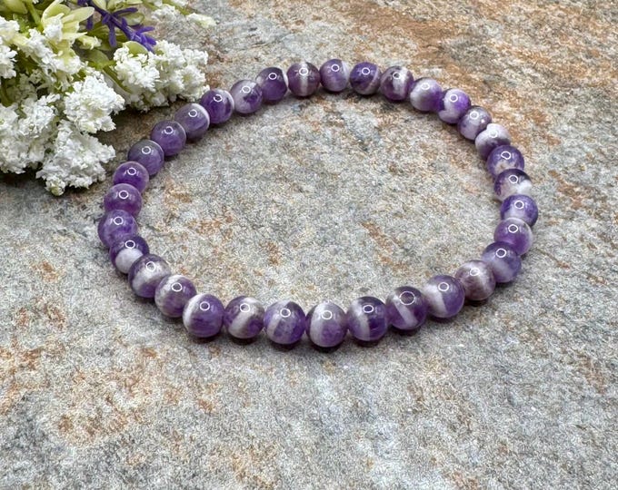 Chevron Amethyst 6mm Bead Bracelet 7.5” - Unisex Dream Amethyst Jewelry, AAA Quality