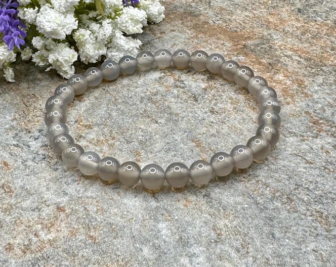 6mm Grey Chalcedony Crystal Bead Bracelet, Unisex Gemstone Stretch Bracelet 7.5"