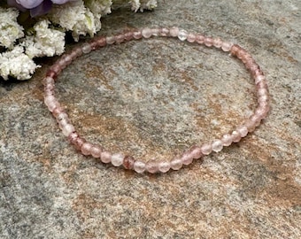 3mm Strawberry Quartz Faceted Bead Bracelet, Pinkish-Red Gemstone Jewelry, 7.5”