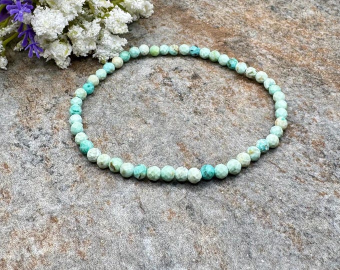 4mm Peruvian Turquoise Faceted Crystal Bead Bracelet 7.5", Sizable, Stylish, Unisex Stretch Jewelry