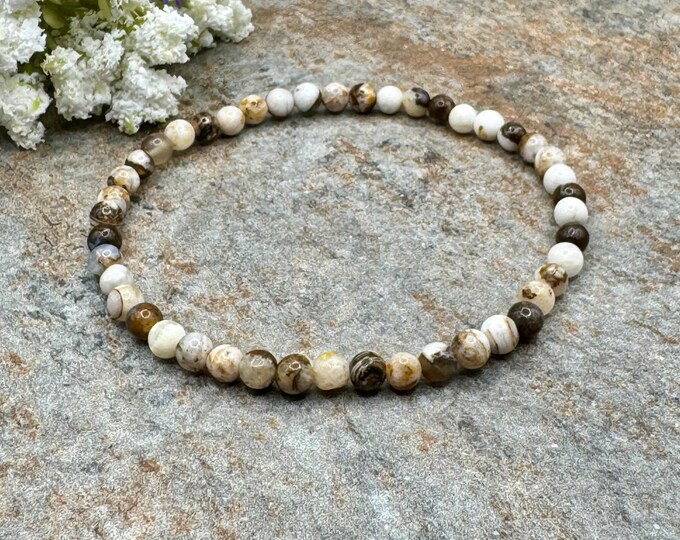 4mm Petrified Wood Opal Bracelet, Handmade Unisex Gemstone Jewelry, 7.5”