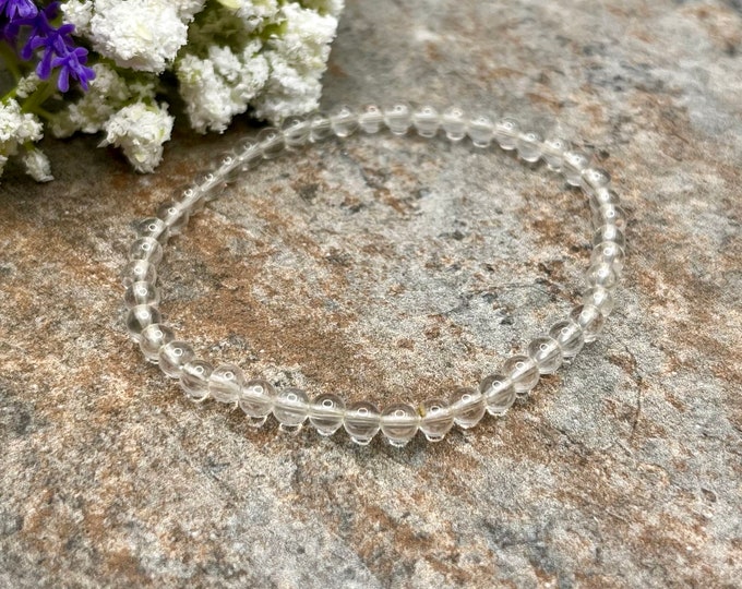 4mm Clear Quartz Crystal Bead Stretch Bracelet, Healing Gemstone, 7.5”