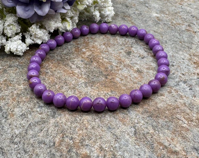 5mm Phosphosiderite Crystal Bead Stretch Bracelet 7.5”,  Sizable Unisex Jewelry, Purple Gemstone Beads