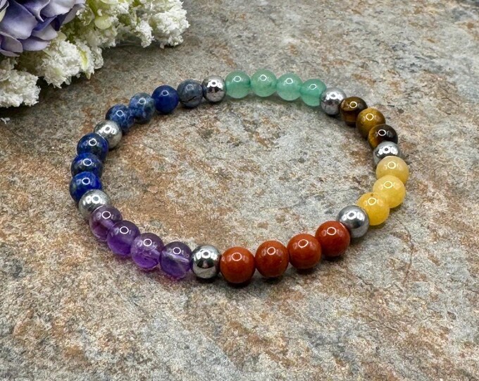 6mm 7 Chakra Crystal Bead Bracelet, Unisex Gemstone Jewelry