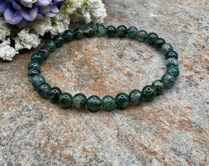 6mm Moss Agate Crystal Bead Bracelet, Stretch Bracelet 7.5", Sizable Jewelry