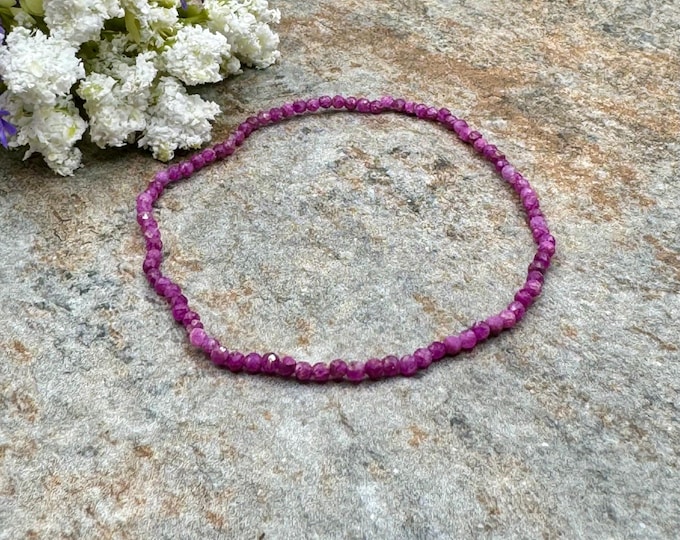 2mm Ruby Crystal Bead Stretch Bracelet, 7.5 “, Delicate Handmade Jewelry