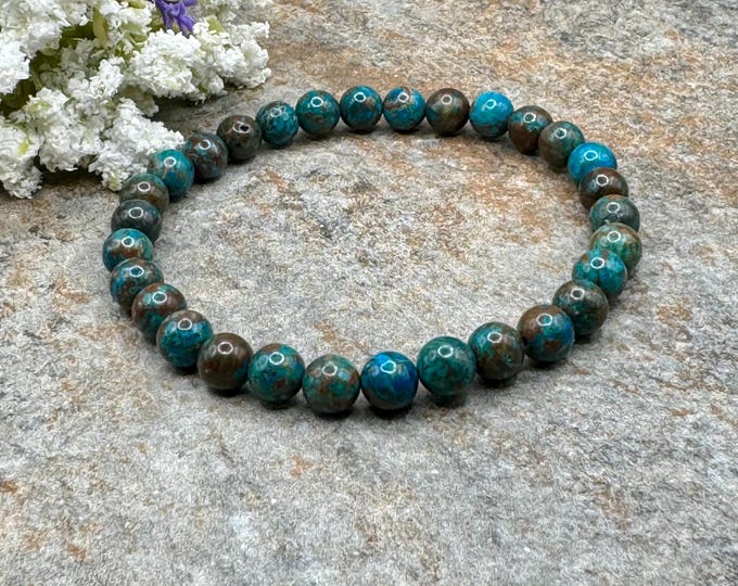 Chrysocolla Bracelet, 6mm Blue & Green Crystal Beads, Stretch Design - Sizable 7.5 Inch Unisex Bracelet