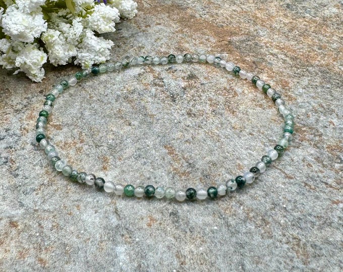 Moss Agate Crystal Bead Bracelet | Unisex 2mm Green Dendritic Gemstone Stretch | 7.5”