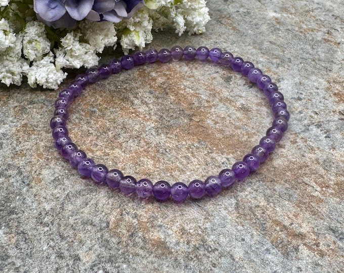 4mm Amethyst Crystal Bead Stretch Bracelet, 7.5”, Purple Gemstone Jewelry