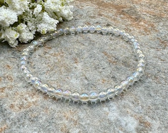 4mm Angel Aura Quartz Crystal Bead Stretch Bracelet, 7.5", Rainbow Gemstone Jewelry