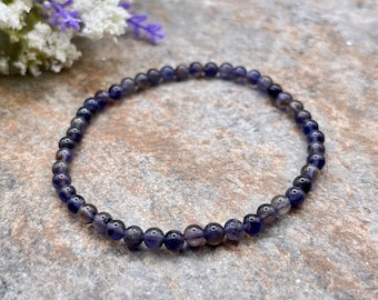 Iolite Crystal Bead Bracelet - 4mm Indigo Gemstone Stretch Jewelry for Him & Her, 7.5”