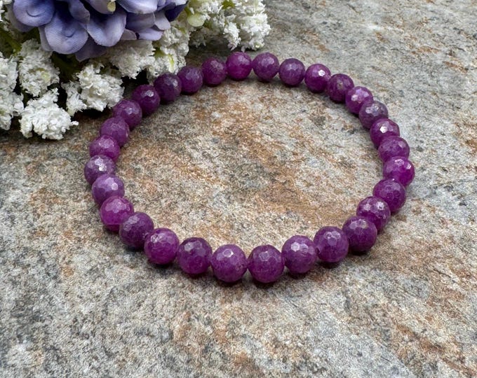 6mm Faceted Ruby Crystal Bead Stretch Bracelet - Elegant Gemstone (7.5 inch)