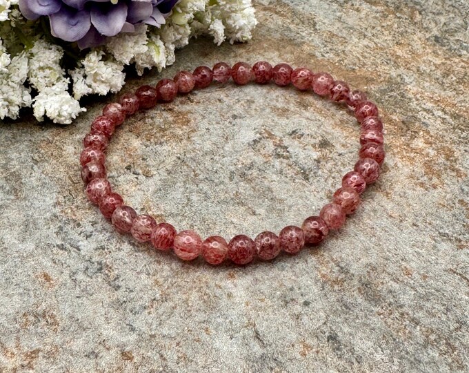 5mm Strawberry Quartz Bead Bracelet - Handmade Gemstone Stretch Jewelry, 7.5"