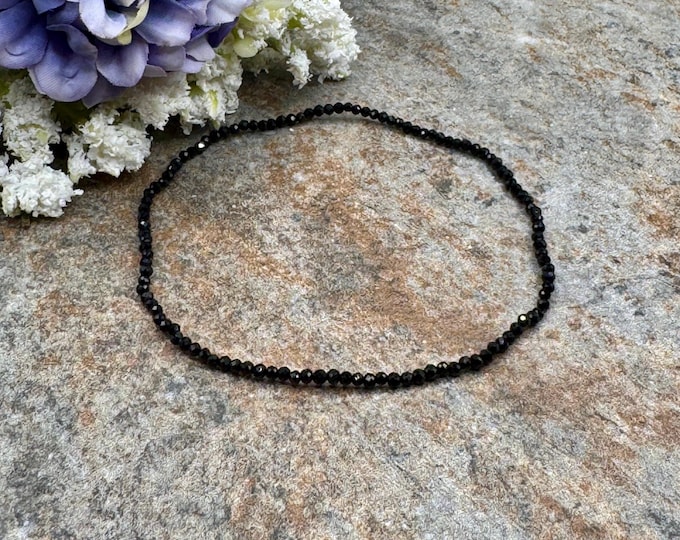 2mm Black Tourmaline Crystal Bead Stretch Bracelet, 7.5", Faceted Gemstone Jewelry