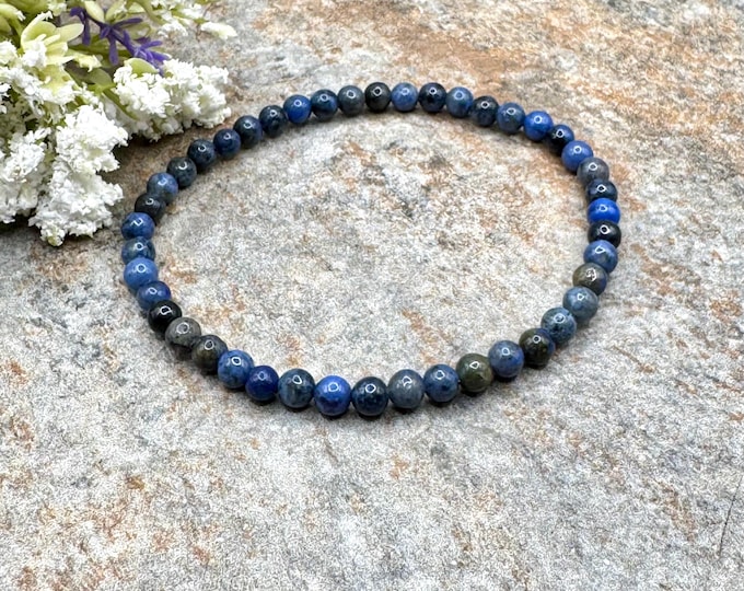 4mm Dumortierite Crystal Bead Stretch Bracelet, 7.5", Blue Gemstone Jewelry