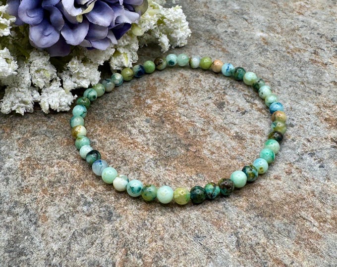 4mm Chrysocolla Azurite Crystal Bead Stretch Bracelet, 7.5 “, Sizable Unisex Jewelry