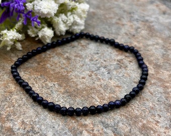 4mm Blue Goldstone Crystal Bead Stretch Bracelet, 7.5”, Unisex Gemstone Jewelry