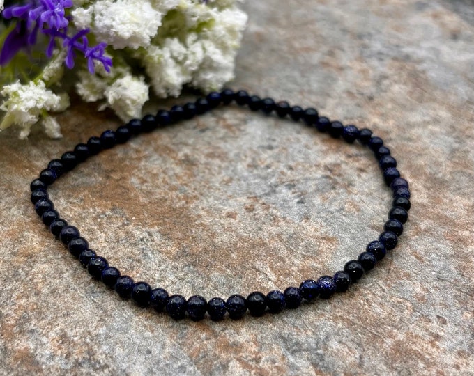 4mm Blue Goldstone Crystal Bead Stretch Bracelet, 7.5”, Unisex Gemstone Jewelry