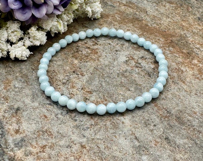 4mm Aquamarine Crystal Bead Stretch Bracelet, 7.5", Jewelry for Men and Women