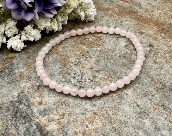Rose Quartz Crystal Bead Bracelet - 4mm Men's & Women's 7.5” Pink Stretch Gemstone Jewelry
