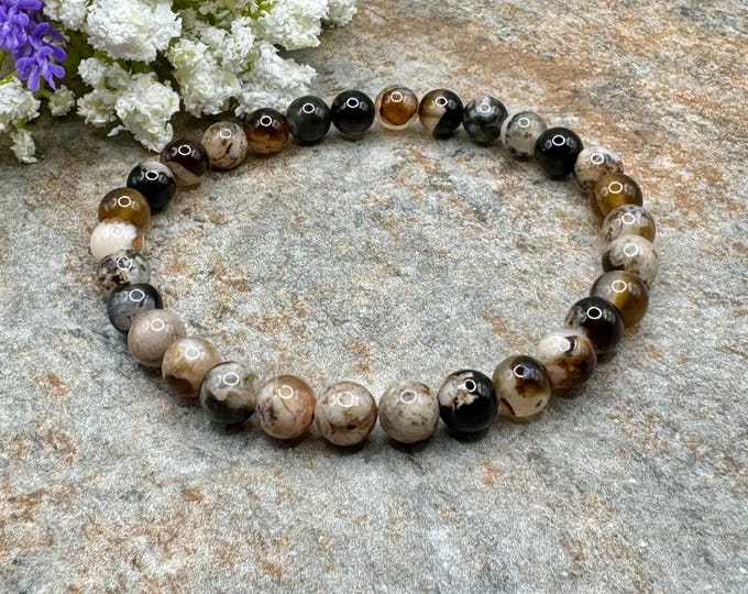 6mm Black Flower Agate Crystal Bead Bracelet, Stretchy Unisex Jewelry, 7.5”