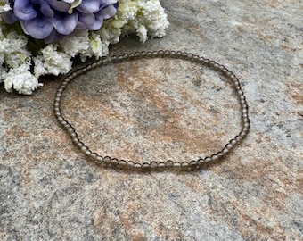 2mm Smoky Quartz Crystal Bead Bracelet, 7.5”, Sizable Brown Gemstone