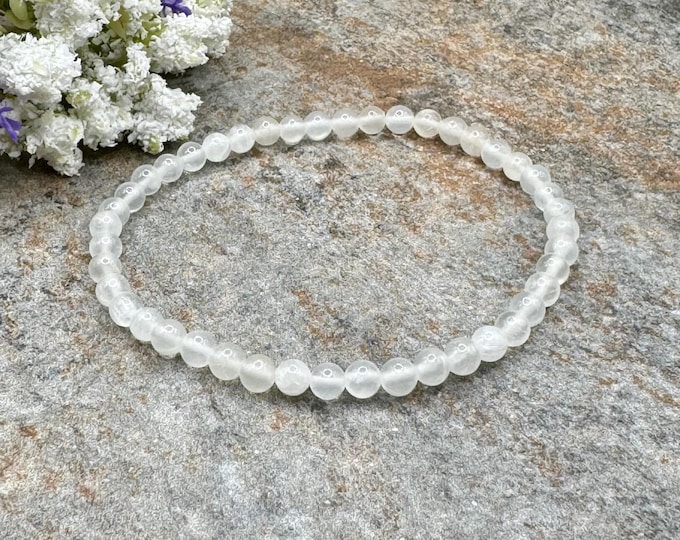 4mm Selenite Crystal Bead Stretch Bracelet - Handcrafted Unisex Jewelry - Milky White Beads - 7.5"