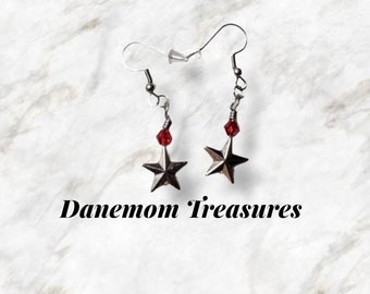 antique silver star earrings with red bicone beads