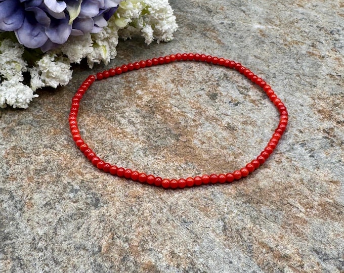 2mm Red Coral Crystal Bead Stretch Bracelet, 7.5", Unisex Gemstone Jewelry