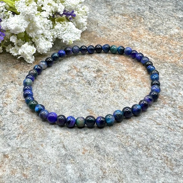 Pulsera elástica de cuentas de cristal de ojo de tigre arcoíris de 4 mm con piedras preciosas multicolores de 19 cm.
