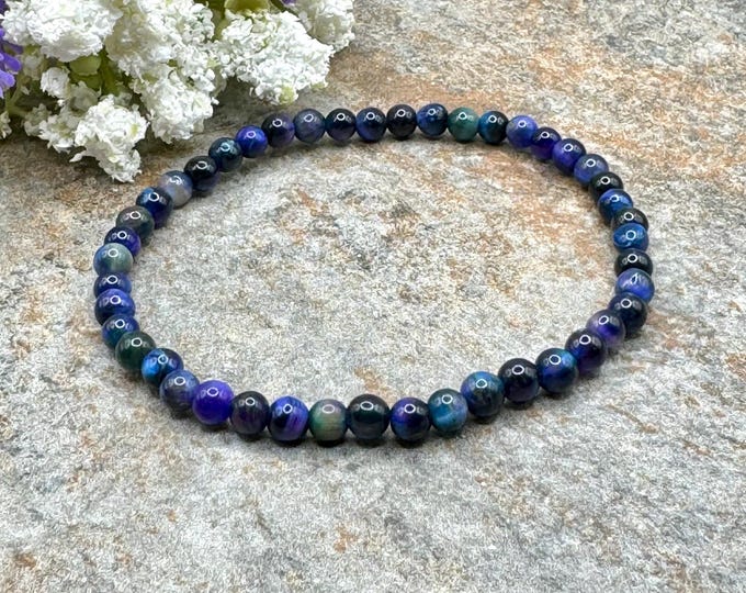 4mm Rainbow Tiger Eye Crystal Bead Bracelet, Multi-Color Gemstone Stretch Bracelet 7.5”