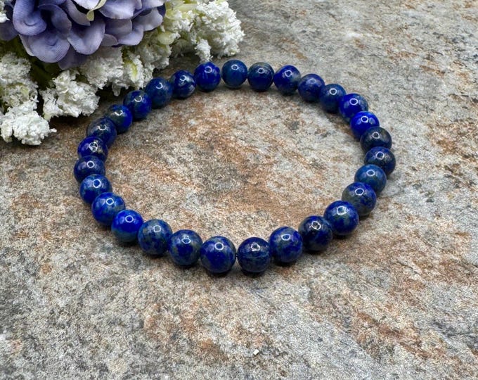 7mm Lapis Lazuli Crystal Bead Bracelet, Unisex Stretch Bracelet, Sizable 7.5”, Blue Gemstones