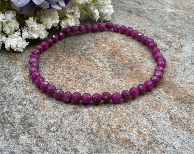 Unisex 4mm Ruby Gemstone Stretch Bracelet - Elegant Red Crystal Beaded Jewelry, 7.5”