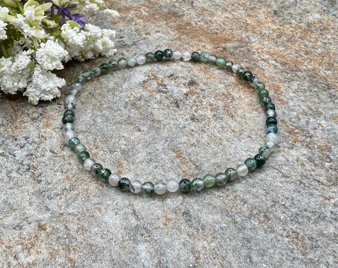 3mm Green Moss Agate Crystal Bead Stretch Bracelet, Unisex 7.5", Sizable Gemstone Jewelry
