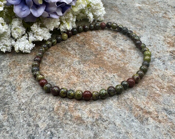 4mm Dragon Bloodstone Jasper Crystal Bead Stretch Bracelet, 7.5", Sizable Unisex Jewelry