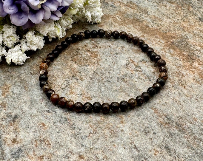 4mm Biotite Mica Crystal Bead Stretch Bracelet, 7.5", Unique Gemstone Jewelry